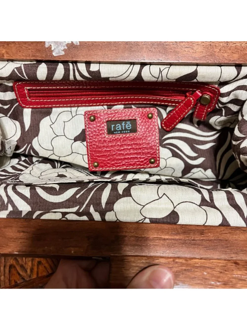 Rare Vintage RAFÉ Red Cut Out Leather‎ Clutch with Wooden Handle